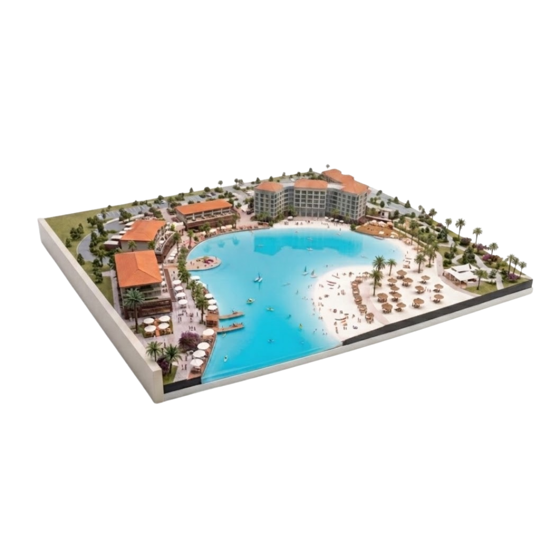 Physical scale model of the Leander Springs lagoon, beach, hotel, and retail
