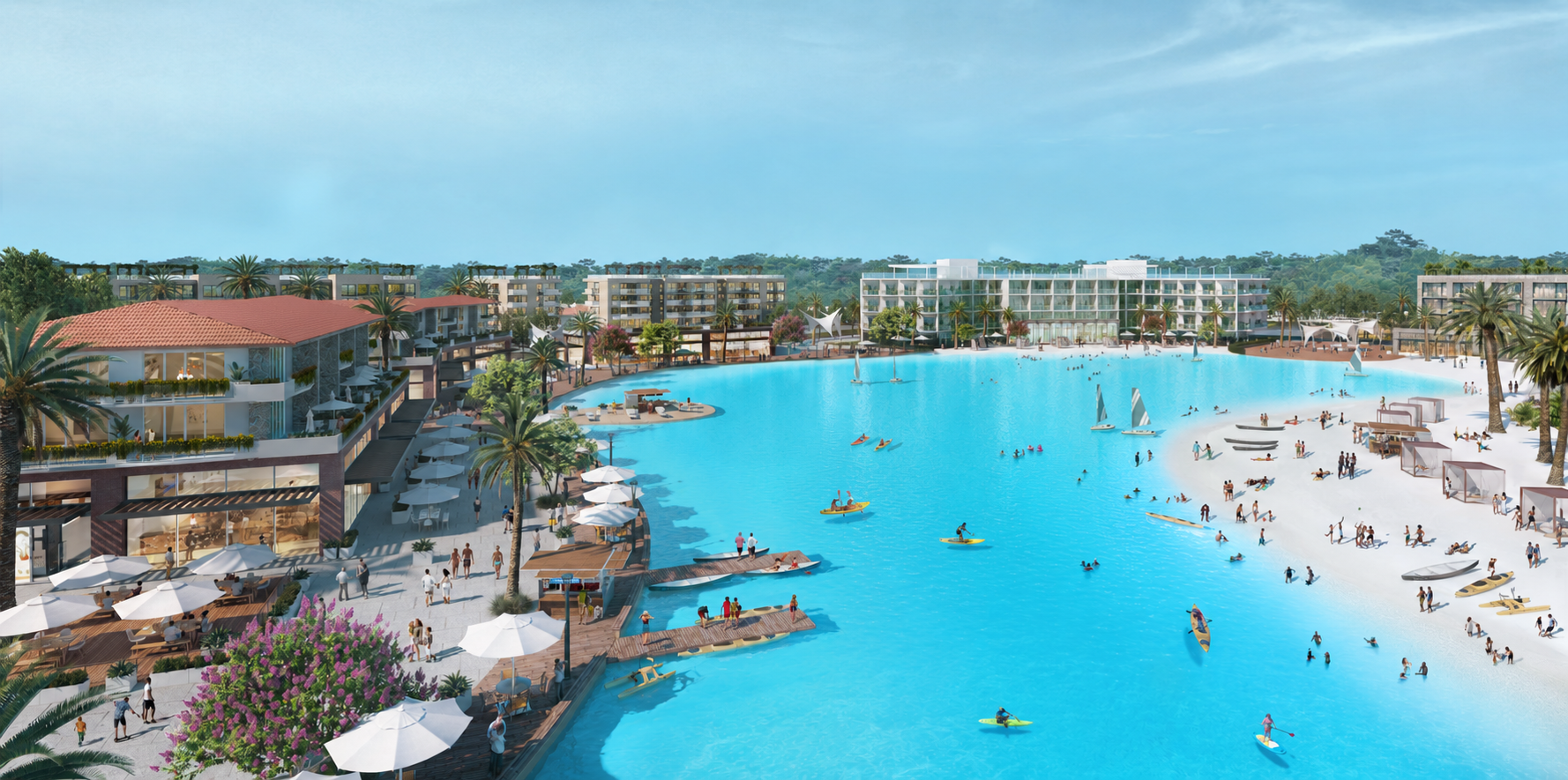 Aerial rendering of the Leander Springs lagoon and surrounding residences, retail, and hotel